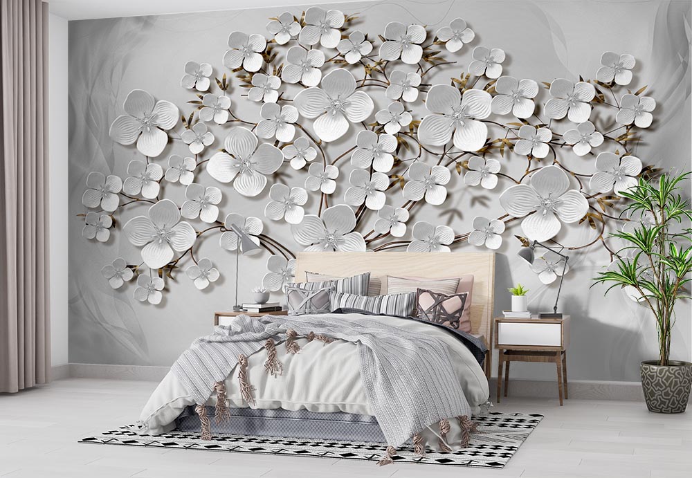 3d White Floral Tree Wallpaper - 2