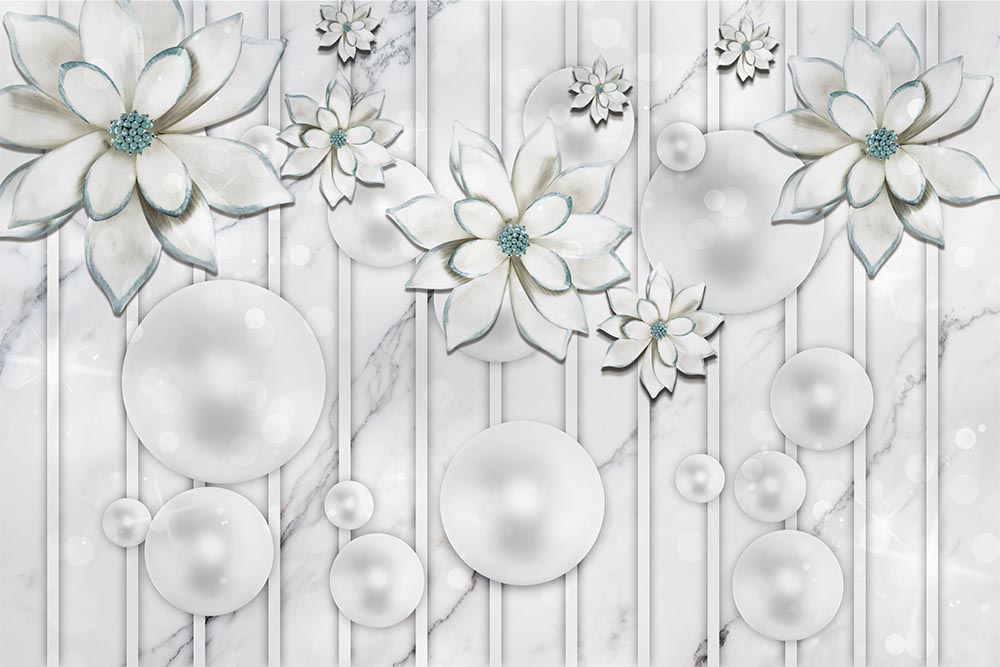 3d Wallpaper Turquoise White Flowers