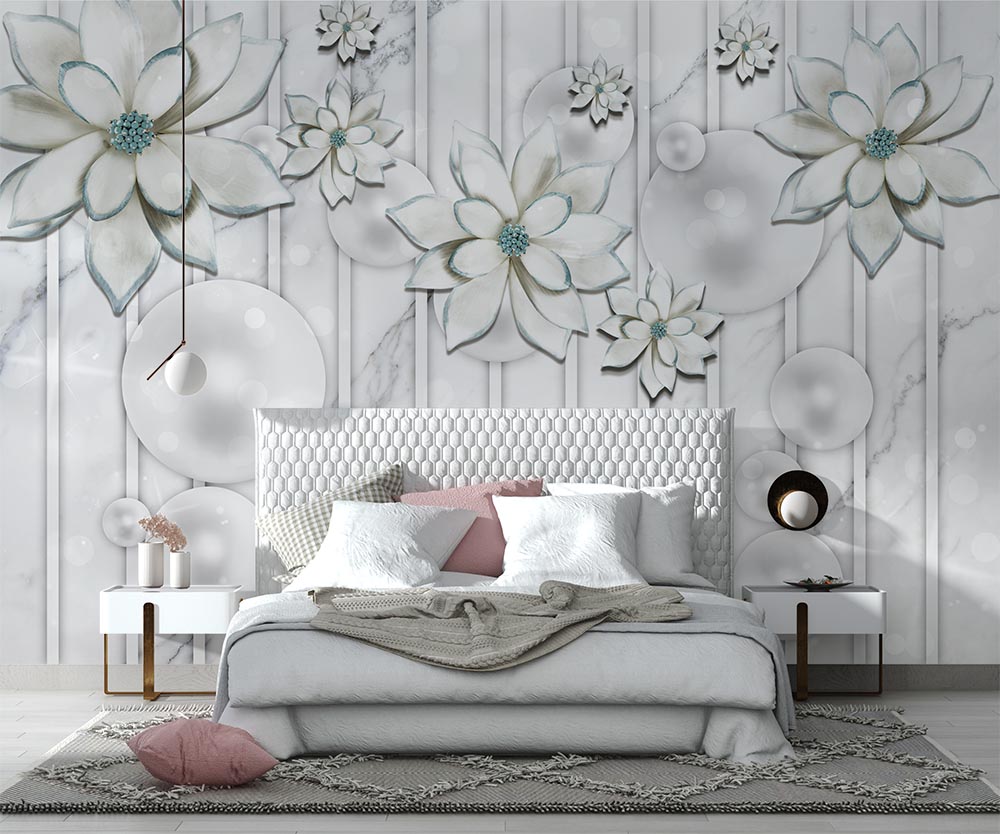 3d Wallpaper Turquoise White Flowers - 2