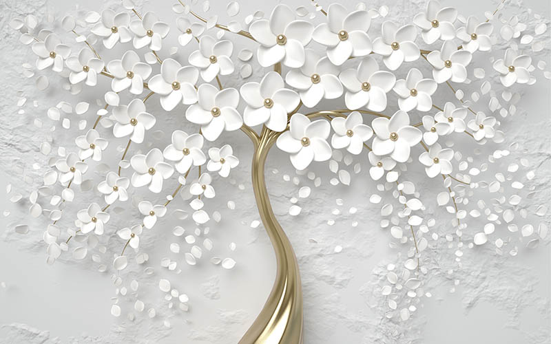 3d Dimensional Tree And White Flowers Wallpaper