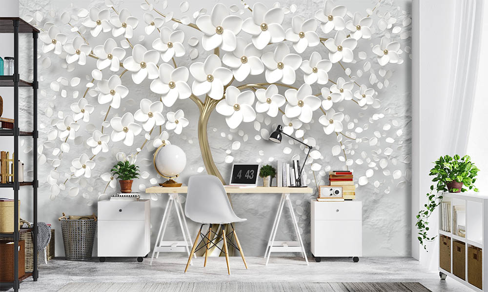 3d Dimensional Tree And White Flowers Wallpaper - 2