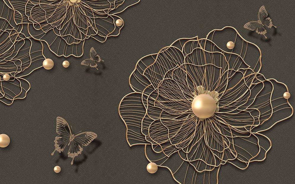 3d Dimensional Gold Flower And Butterflies Wallpaper