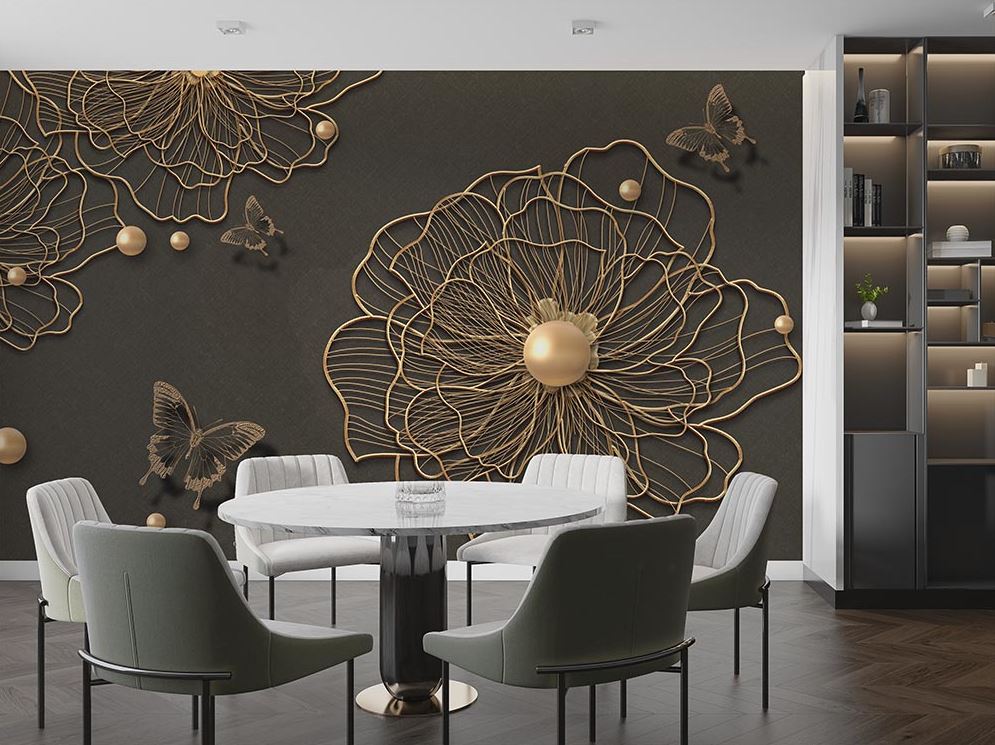 3d Dimensional Gold Flower And Butterflies Wallpaper - 2