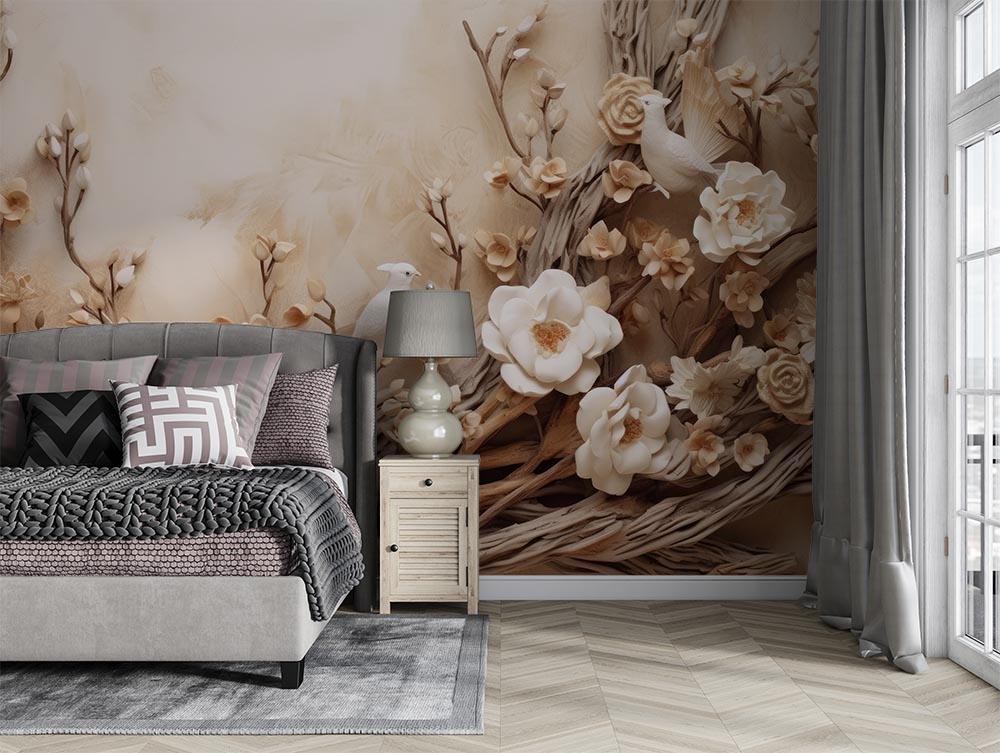 3d Wallpaper - 3d Embossed Flowers And Branches - 2