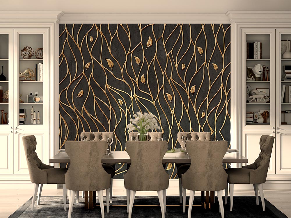 3d Dark Renk Background Gold Leaves Wallpaper - 2