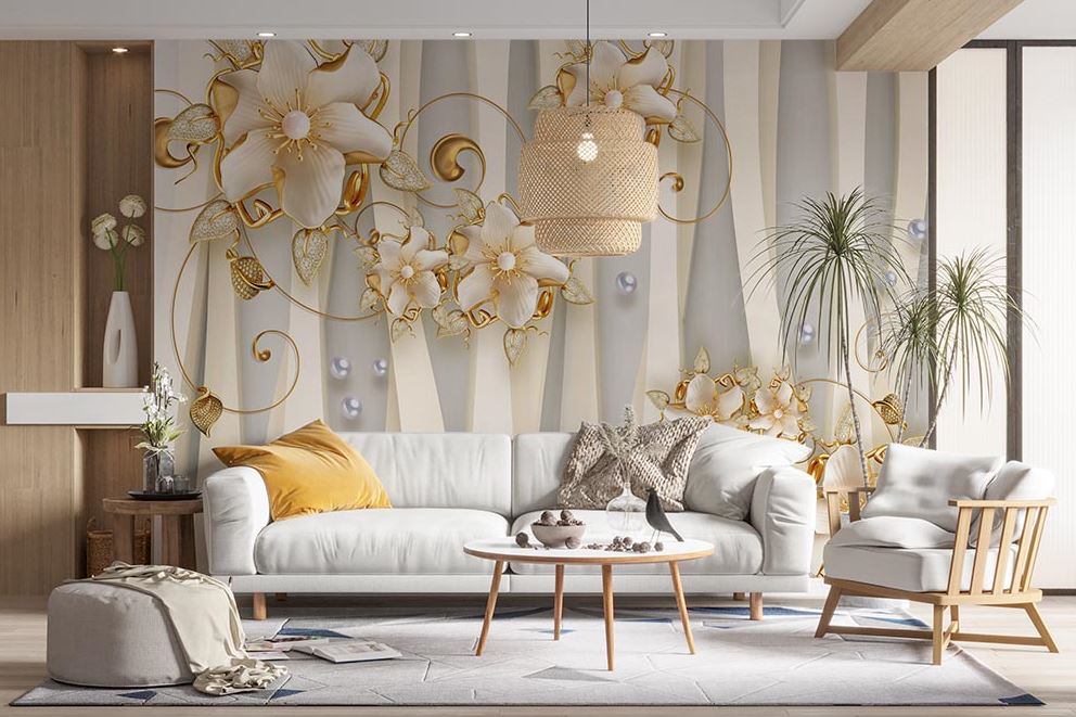 3d Sutunlar On Gold Flowers Wallpaper - 2