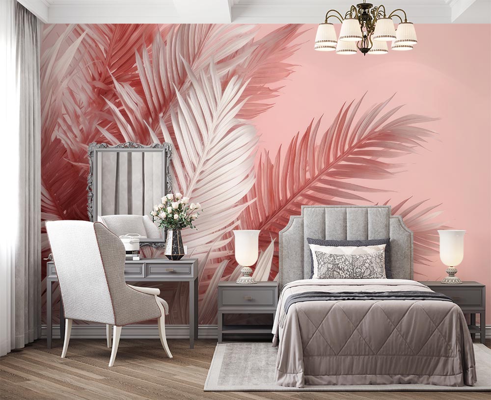 White Pink Large Tropical Leaves 3d Wallpaper - 2