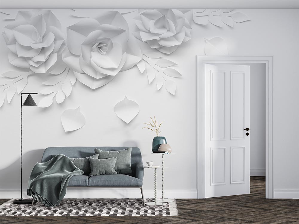 White Background On Embossed 3d Flowers Wallpaper - 2