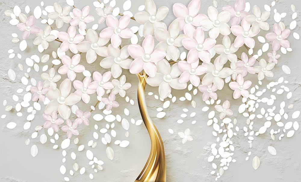 Gold Tree White Flowers 3d Wallpaper