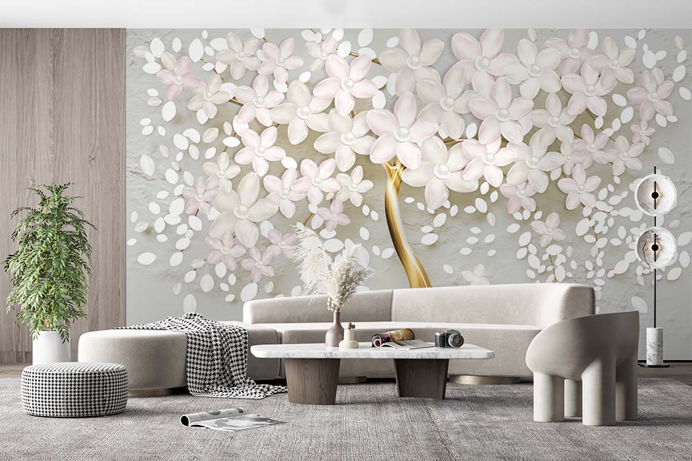 Gold Tree White Flowers 3d Wallpaper - 2