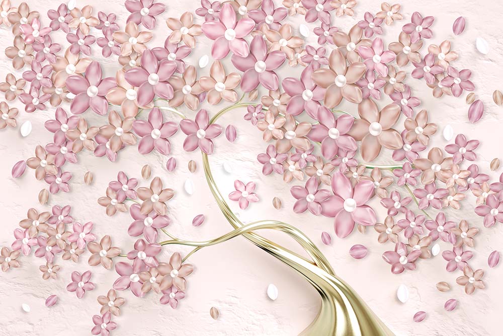 Gold Tree Pink Flowers 3d Wallpaper