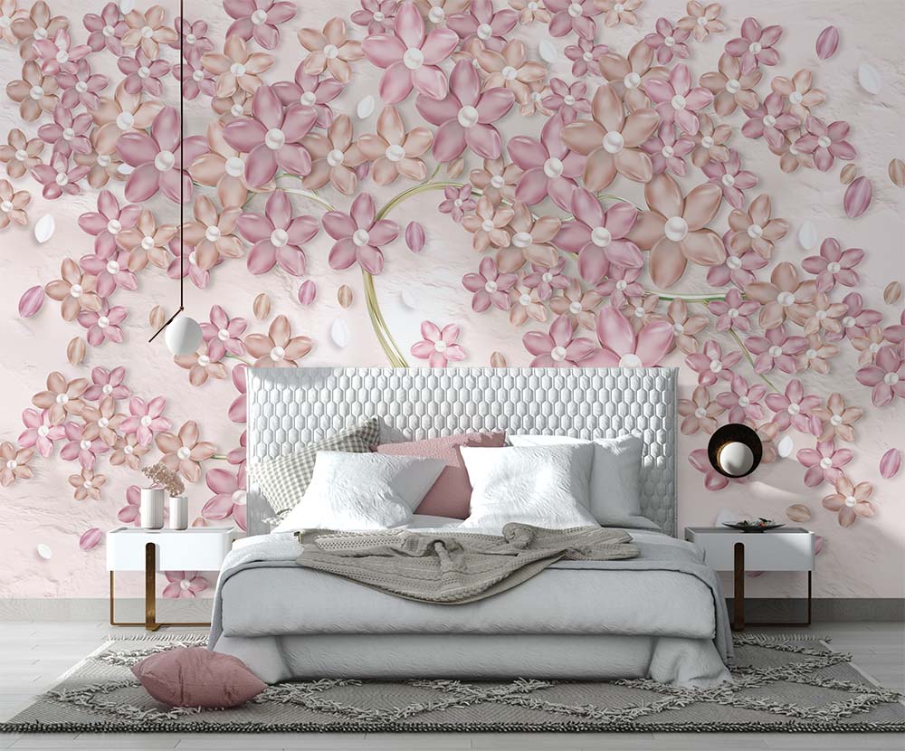 Gold Tree Pink Flowers 3d Wallpaper - 3