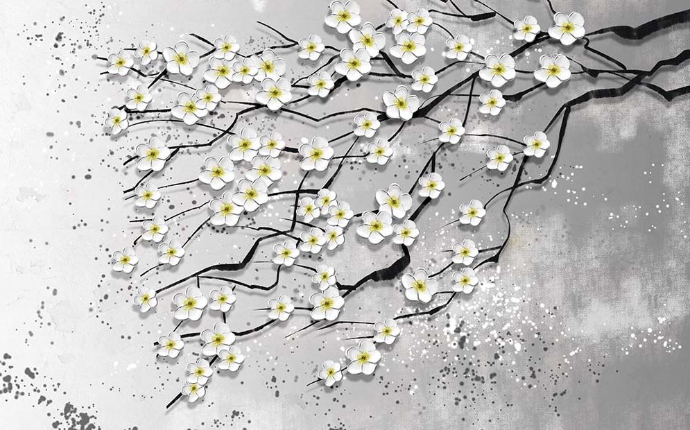 Gray Background Tree And Flowers Wallpaper