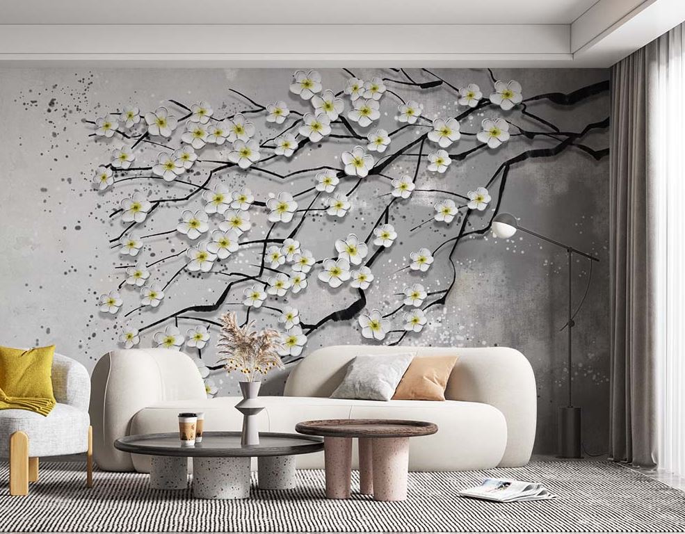 Gray Background Tree And Flowers Wallpaper - 2