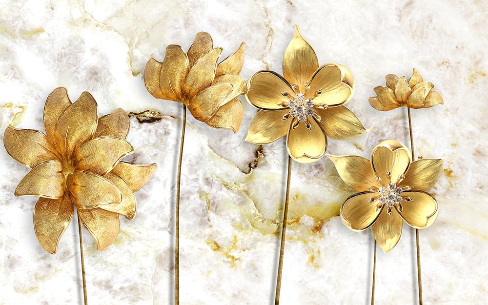 Marble Background Gold Flowers 3d Wallpaper