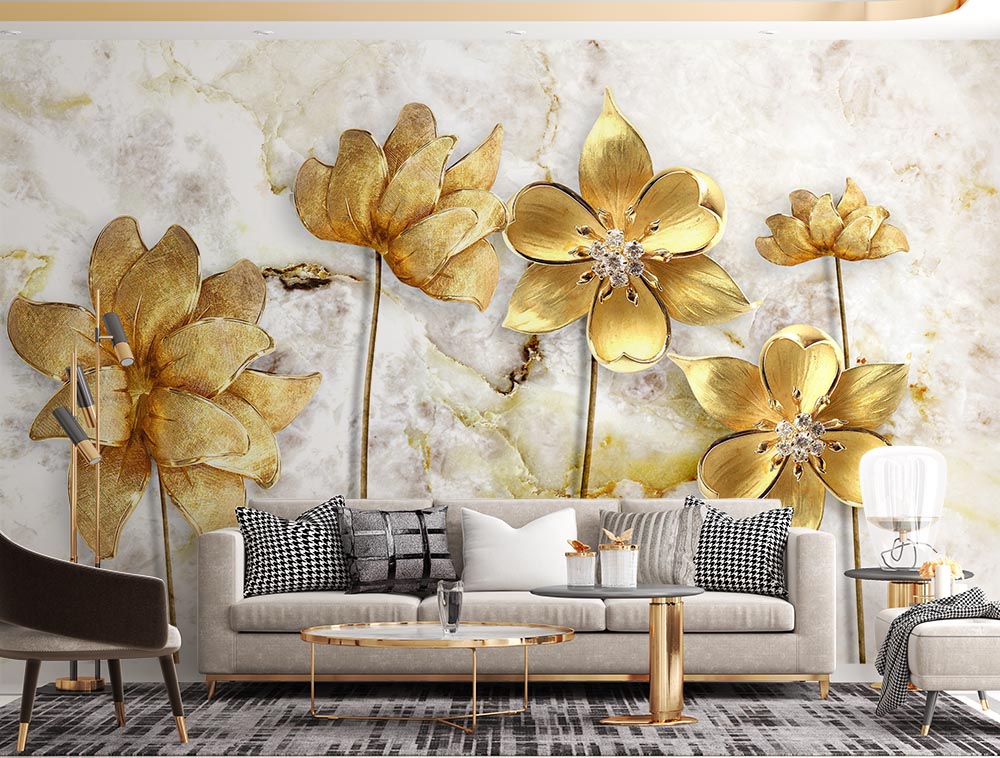 Marble Background Gold Flowers 3d Wallpaper - 2