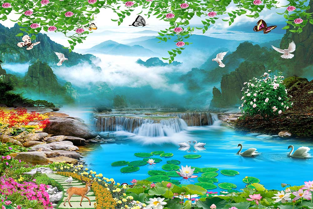 Flowers And Waterfall Manzarasi Wallpaper