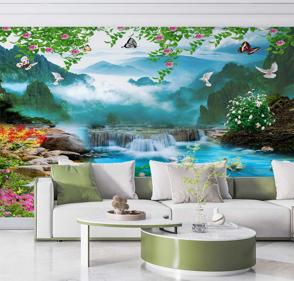 Flowers And Waterfall Manzarasi Wallpaper - 2