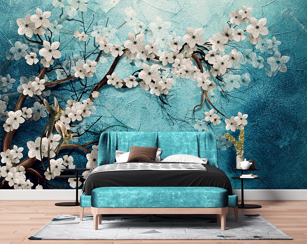 Turquoise Background On Tree Dallari And White Flowers - 2