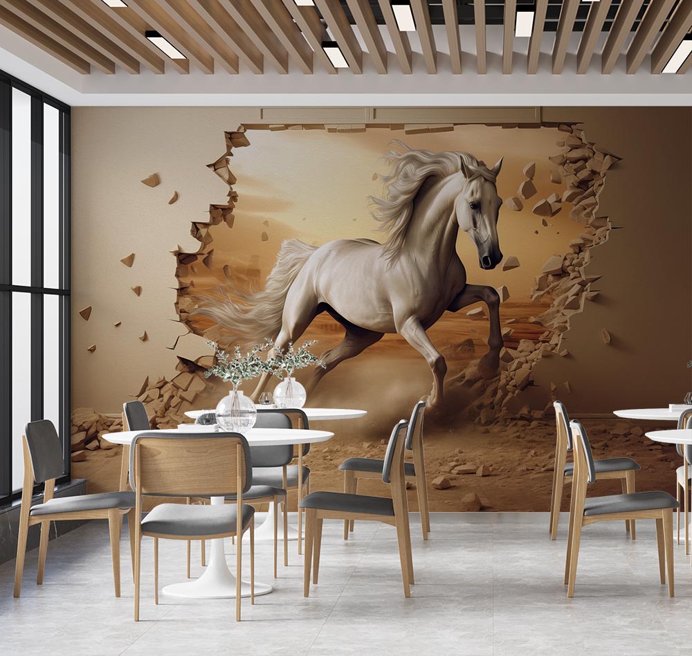 Yıkılan Duvarda Beyaz At Duvar Kağıdı - 3D Duvar Kağıdı - 2